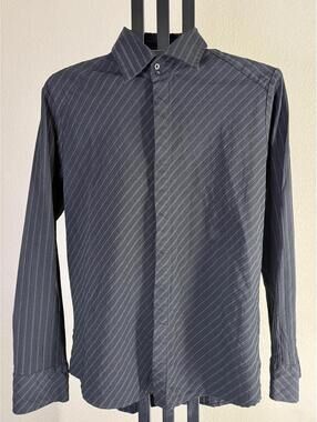 7 Diamonds Mens L Black White Diagonal Pinstripe Stretch Long Sleeve Shirt